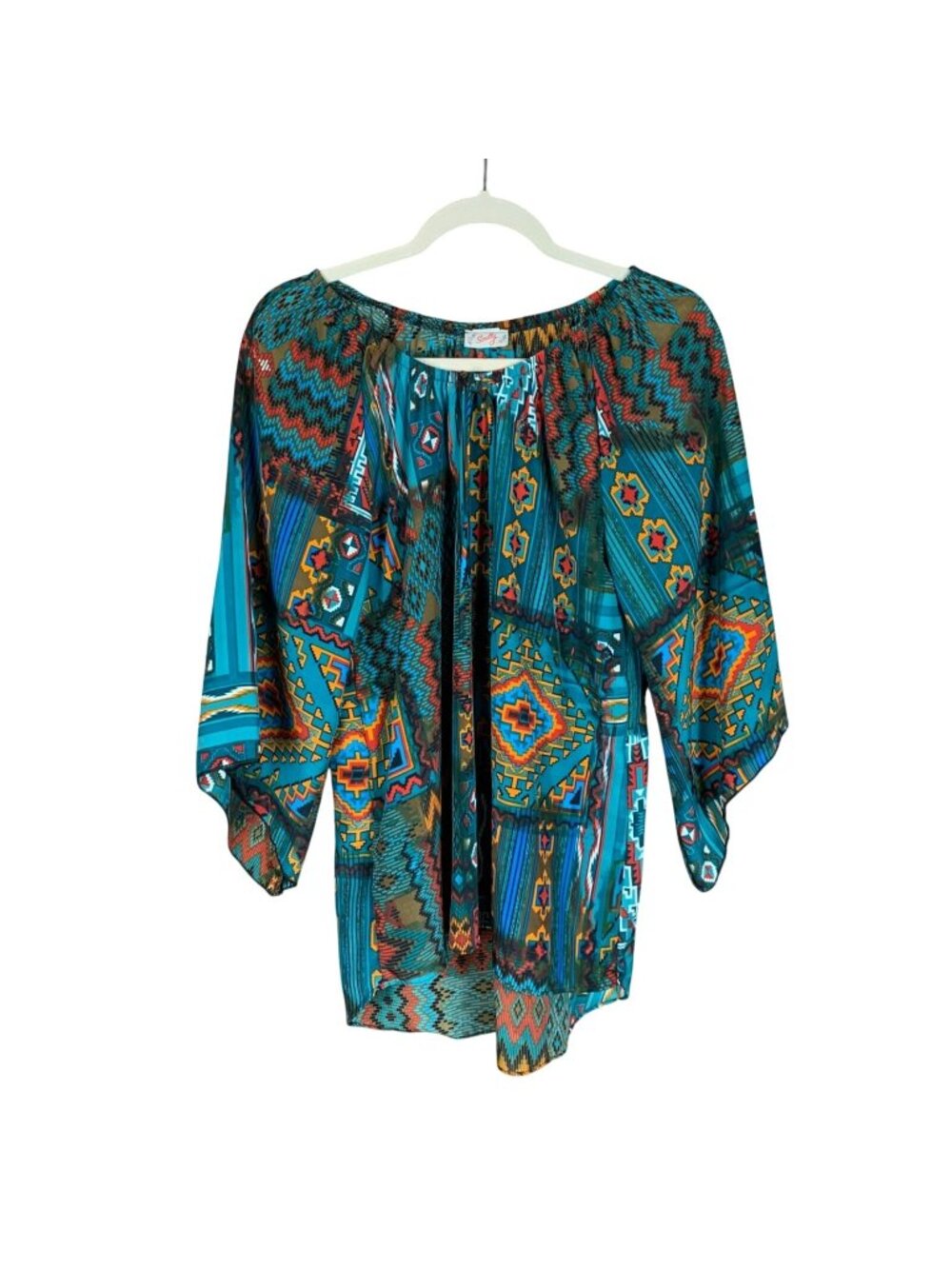 Scully Women's S M Southwestern Print Bell Sleeve Peasant Top Blouse